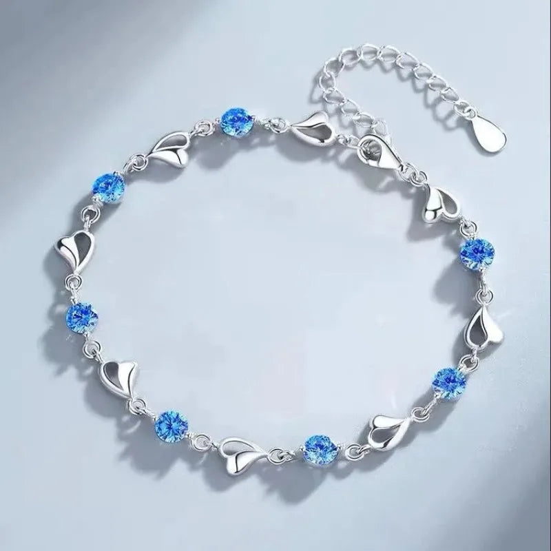 925 Sterling Silver Heart Necklace & Bracelet Set - Blue Crystal
