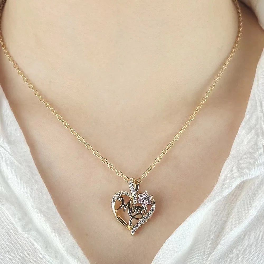 Mom Heart Necklace - Gold Plated with Cubic Zirconia
