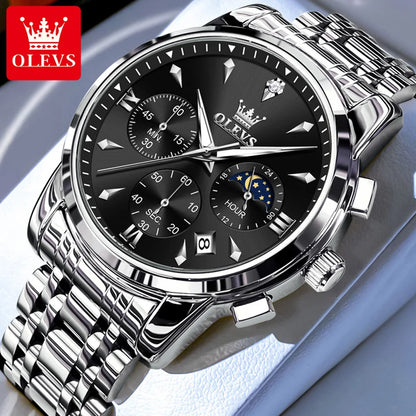 OLEVS Moon Phase Watch - Gold Blue Stainless Steel Chronograph