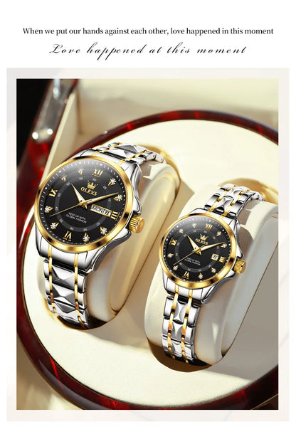 OLEVS 2906 Couple Watch - Roman Scale, Diamond Dial, Rhombus Strap, Waterproof