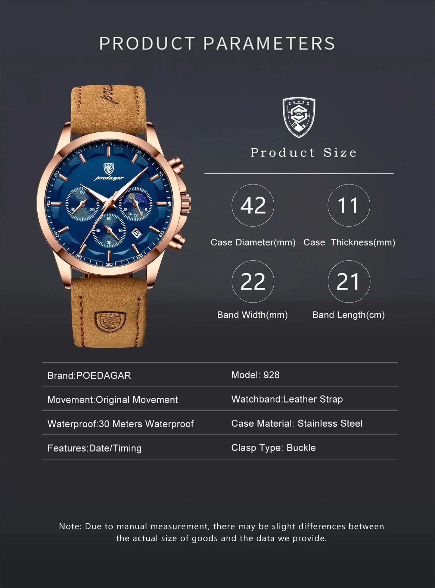 POEDAGAR 928 Men's Luxury Sport Watch - Leather Band, Luminous, Diver, 3ATM, Auto Date