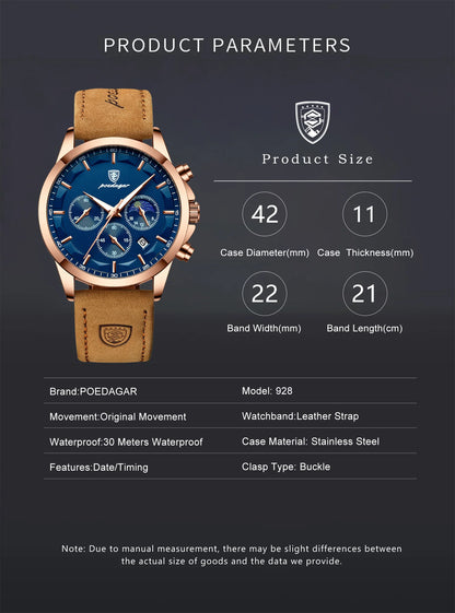 POEDAGAR 928 Men's Luxury Sport Watch - Leather Band, Luminous, Diver, 3ATM, Auto Date