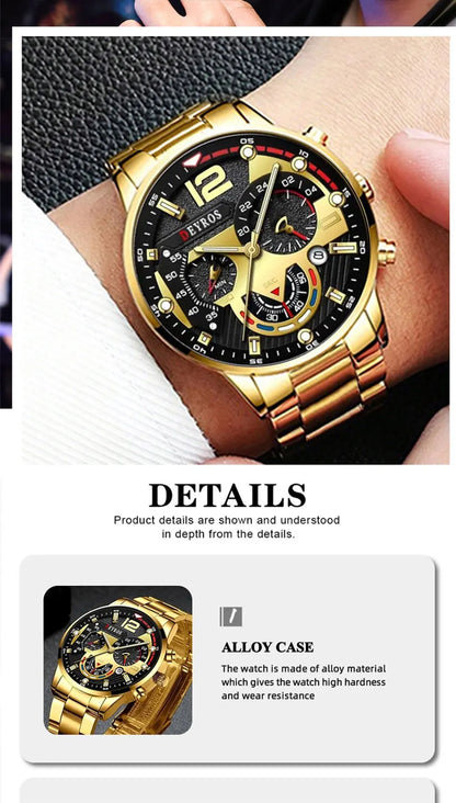 DEYROS 3pcs Men's Quartz Watch, Necklace & Bracelet Set - Stainless Steel, Hardlex, Auto Date