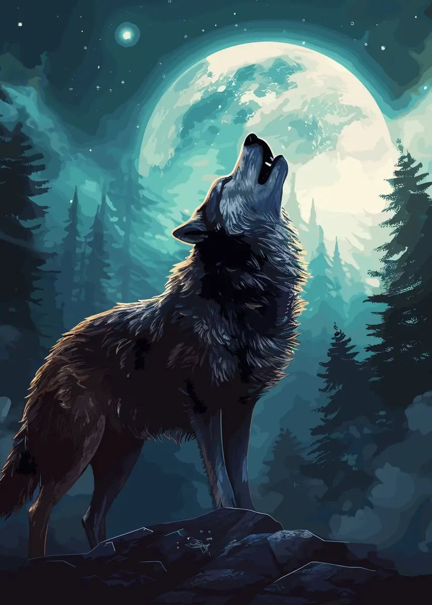 Moon Wolf Canvas Poster - Watercolor Spray Painting Wall Art