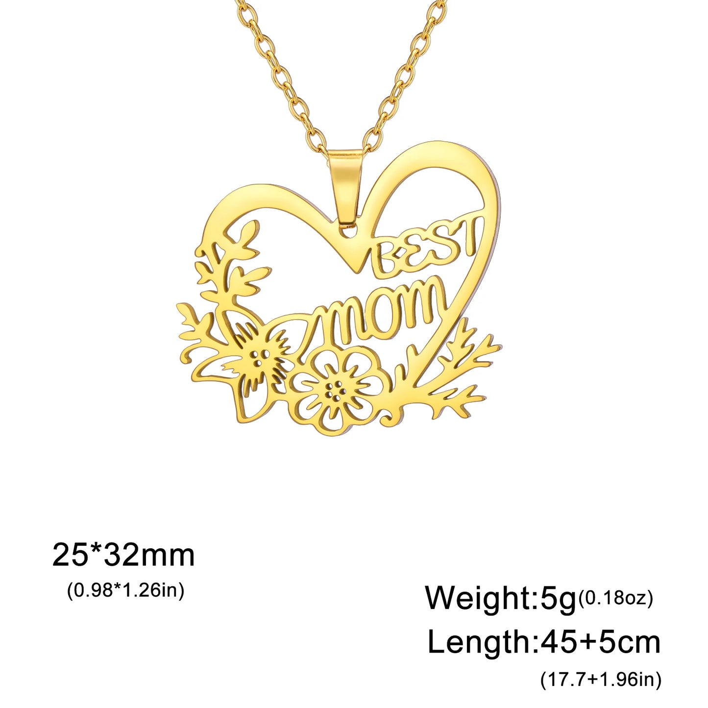 Mom Heart Flower Pendant Necklace – Stainless Steel, Gold & Silver, 45cm