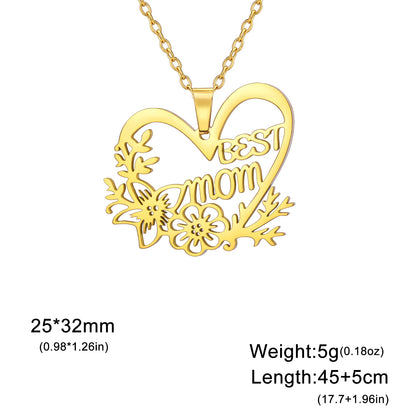 Mom Heart Flower Pendant Necklace – Stainless Steel, Gold & Silver, 45cm