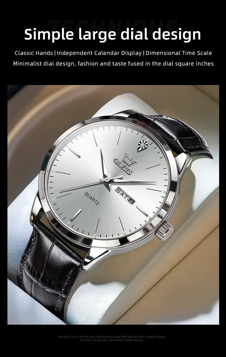 OLEVS 2935 Men's Watch - 43mm, Dual Calendar, Luminous, 3ATM Waterproof, Leather Strap