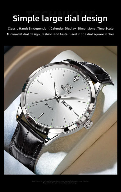 OLEVS 2935 Men's Watch - 43mm, Dual Calendar, Luminous, 3ATM Waterproof, Leather Strap