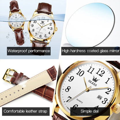 OLEVS 5566 Watch - Fashion Quartz, Leather Strap, Waterproof, Arabic Numeral, Men & Women