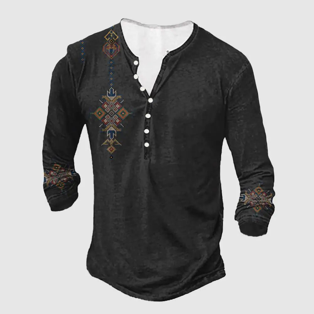 3D Wolf Men's T-Shirt - Polyester Long Sleeve Henry Collar