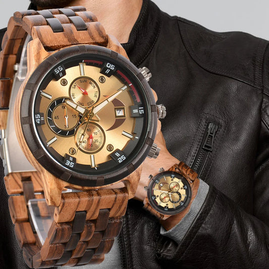 Rainch Men’s Wooden Quartz Watch with Dual Time Zones and Calendar