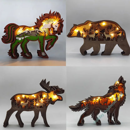 Wooden Wolf Statue with Light - 16x14cm American Style Decor