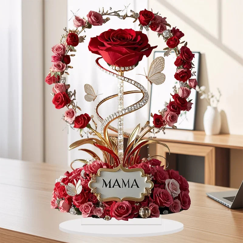 8" Acrylic Rose 'MOM' Standing Decoration – Love Theme, Pastoral Style