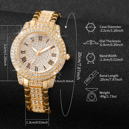 Women's Diamond Roman Numeral Quartz Watch & Heart Jewelry Set - Alloy Band, 32mm, No Box