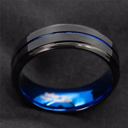 Black Tungsten Wedding Ring - 8mm Blue Groove Band