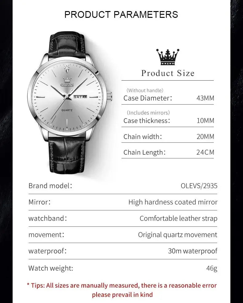OLEVS 2935 Men's Watch - 43mm, Dual Calendar, Luminous, 3ATM Waterproof, Leather Strap