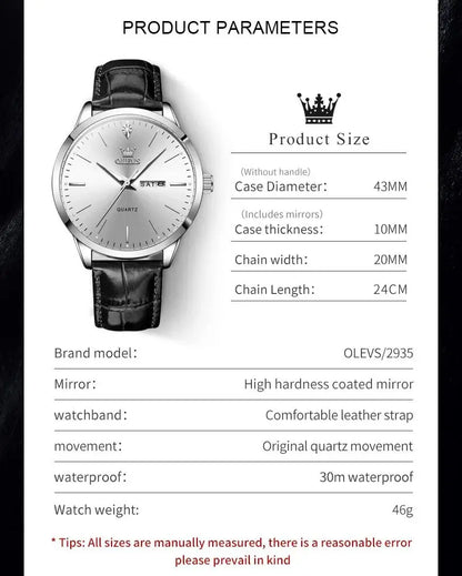 OLEVS 2935 Men's Watch - 43mm, Dual Calendar, Luminous, 3ATM Waterproof, Leather Strap