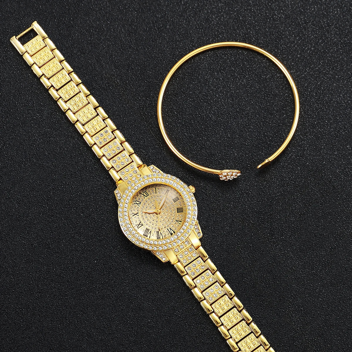 Women's Diamond Roman Numeral Quartz Watch & Heart Jewelry Set - Alloy Band, 32mm, No Box