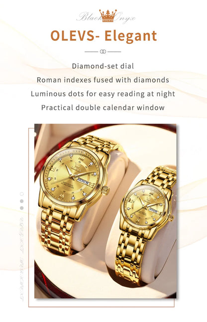 OLEVS 5513 Couple Watch - Stainless Steel, Waterproof, Luxury Gold Diamond, Lover's Pair