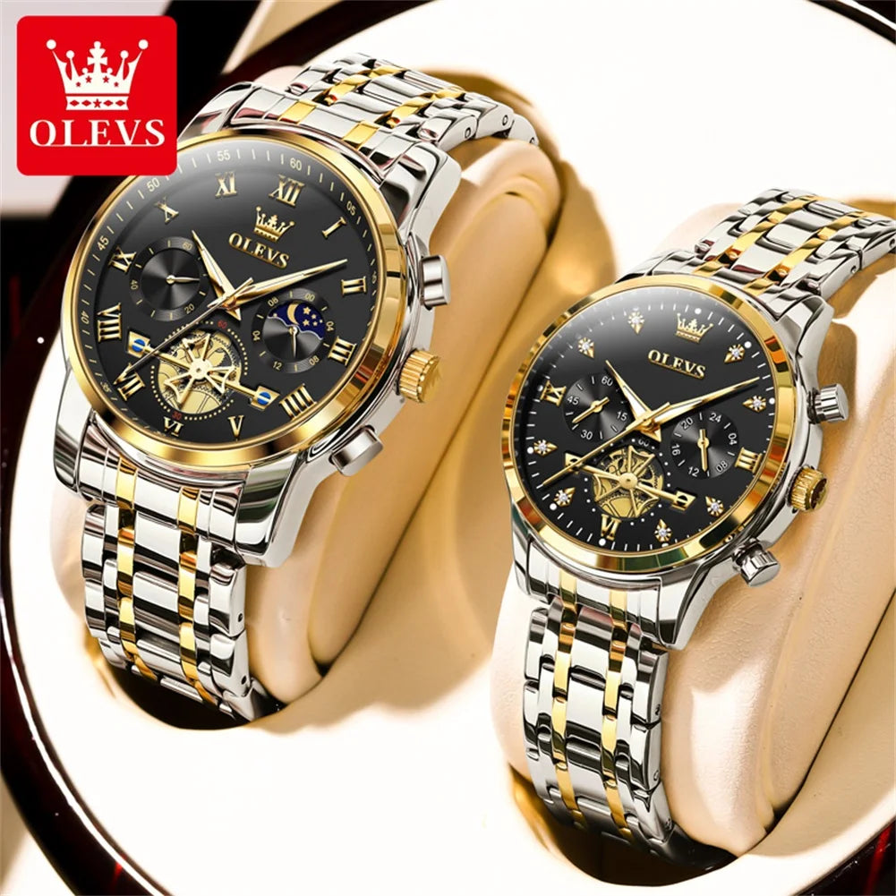 OLEVS 2859+2897 Couple Watch - Stainless Steel, Waterproof, Chronograph, Moon Phase, Flywheel