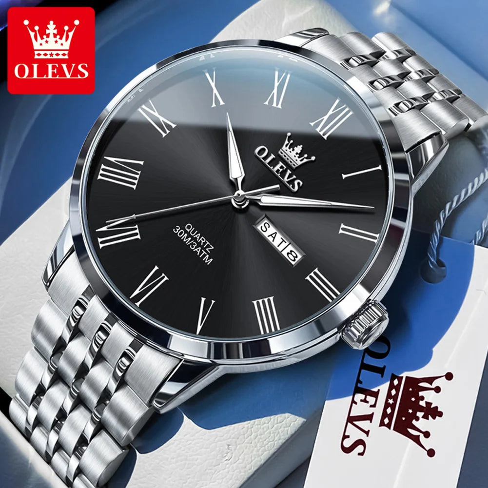 OLEVS 3633 Men's Watch - Business Simple, Waterproof, Luminous, Stainless Steel, Dual Calendar