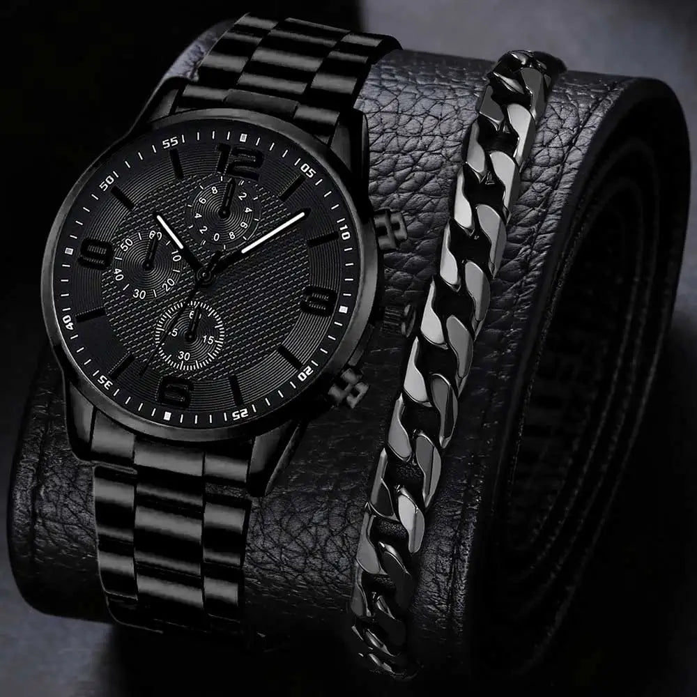 Black Men's Watch Set - Quartz Watch & Jewelry Gift Set