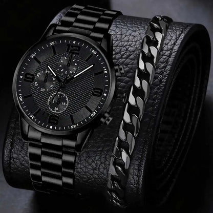 Black Men's Watch Set - Quartz Watch & Jewelry Gift Set