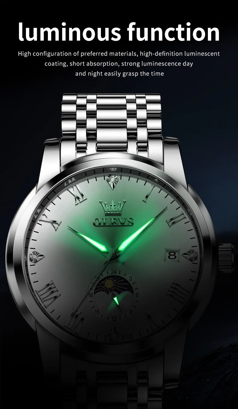 OLEVS Top Brand Men's Watches Fashion Original Quartz Watch for Man Waterproof Stainless Steel Luminous Wristwatch Moon Phase