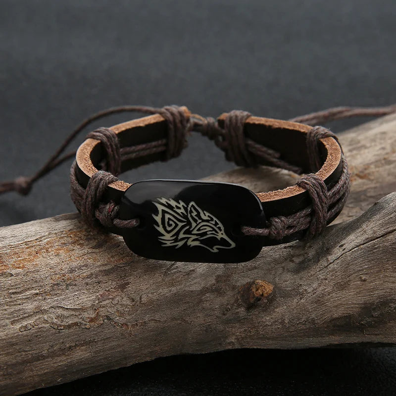 Wolf Pendant Leather Bracelet - Adjustable Tribal Wristband for Men