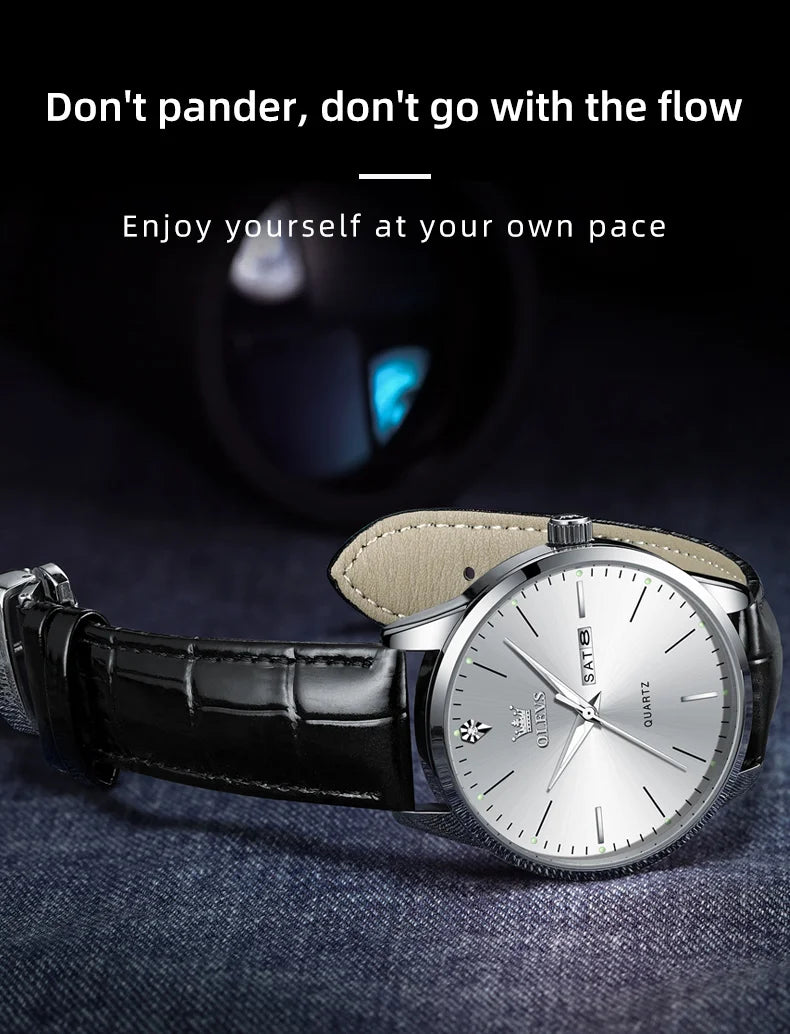 OLEVS 2935 Men's Watch - 43mm, Dual Calendar, Luminous, 3ATM Waterproof, Leather Strap