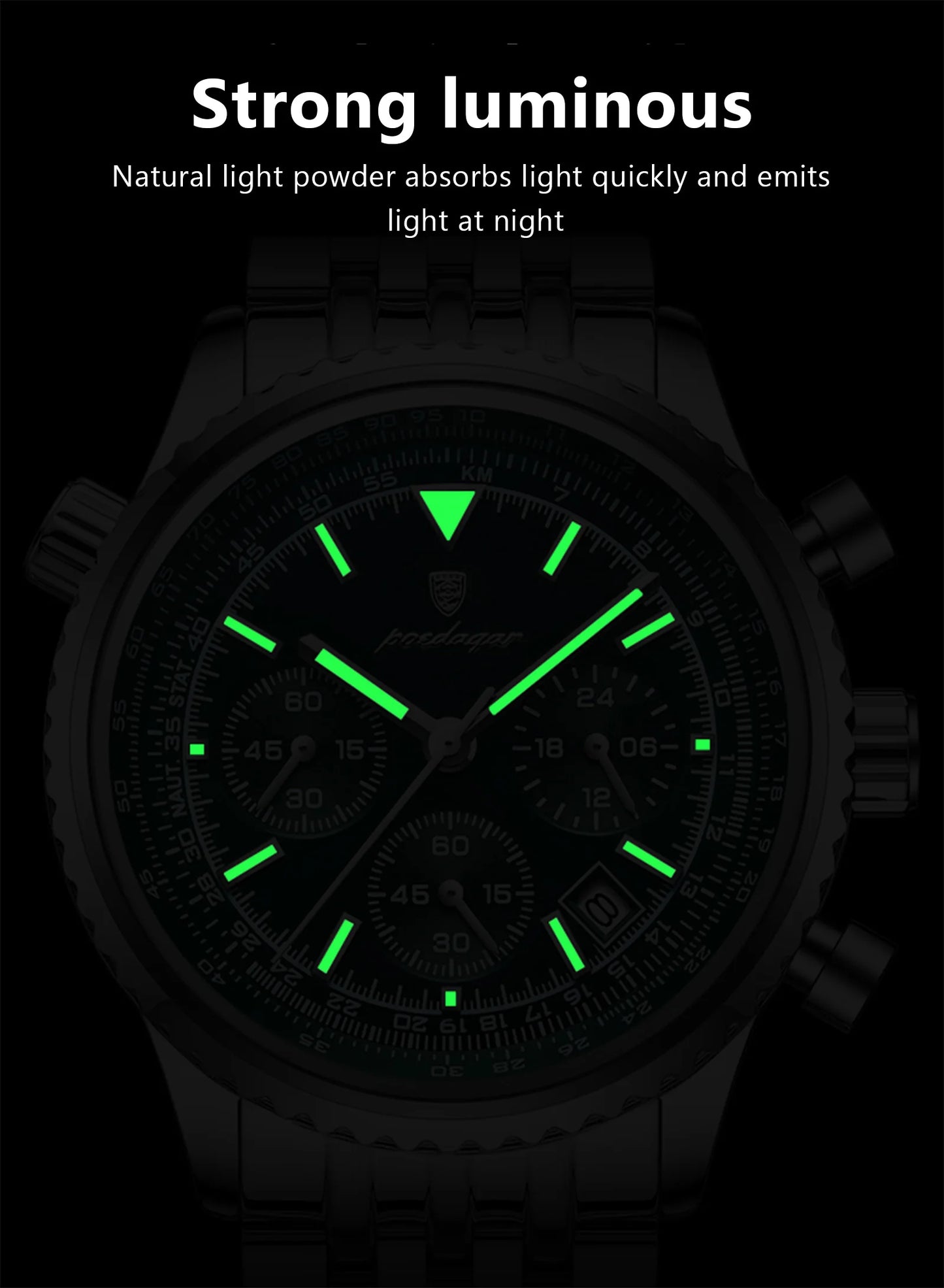 POEDAGAR 960 Men's Luxury Chronograph Watch - Stainless Steel, Luminous, 3ATM, Auto Date