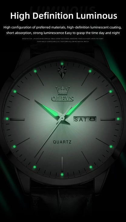 OLEVS 2935 Men's Watch - 43mm, Dual Calendar, Luminous, 3ATM Waterproof, Leather Strap