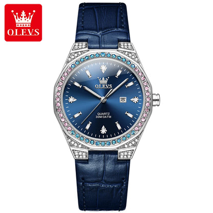 OLEVS 5606 Original Diamond Watch - Leather Strap, 3M Waterproof, Luminous