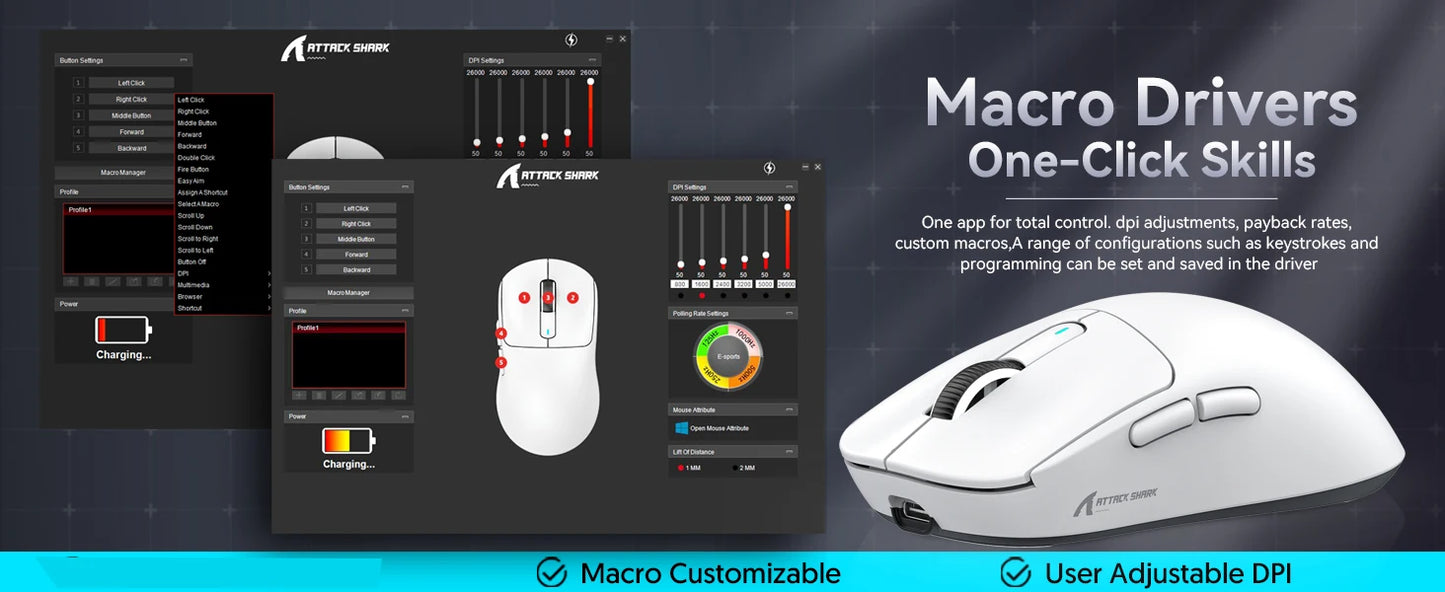 ATTACK SHARK X3 Wireless Gaming Mouse,49g Ergonomic PC Mouse,Triple Modes PAW3395 26K DPI Optical Sensor,Programmable Buttons