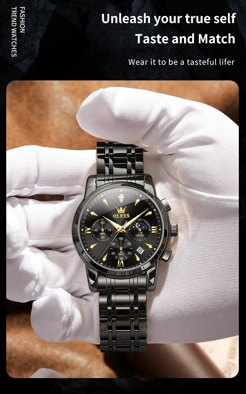 OLEVS Moon Phase Watch - Gold Blue Stainless Steel Chronograph