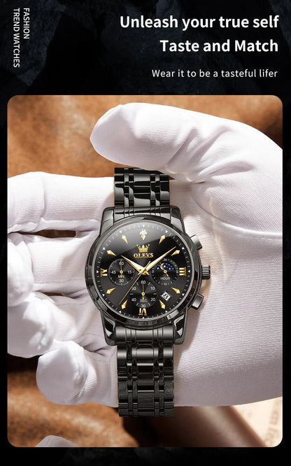 OLEVS Moon Phase Watch - Gold Blue Stainless Steel Chronograph