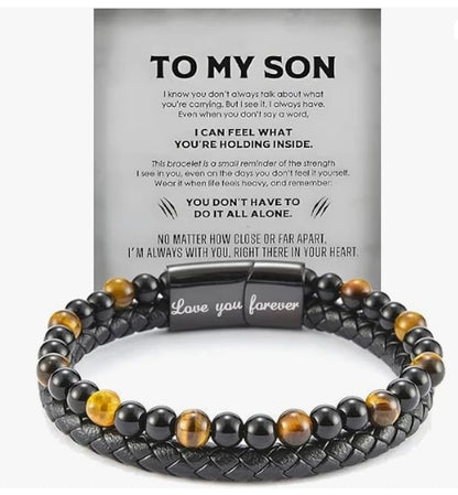 To My Son Tiger Eye Bracelet - Leather Beaded Protection Bracelet