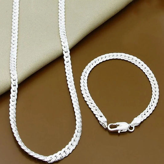925 Sterling Silver 6mm Chain Necklace & Bracelet Set