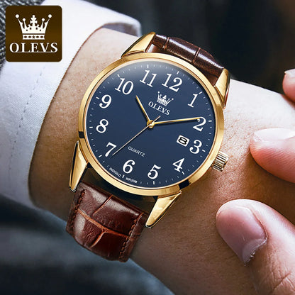 OLEVS 5566 Watch - Fashion Quartz, Leather Strap, Waterproof, Arabic Numeral, Men & Women