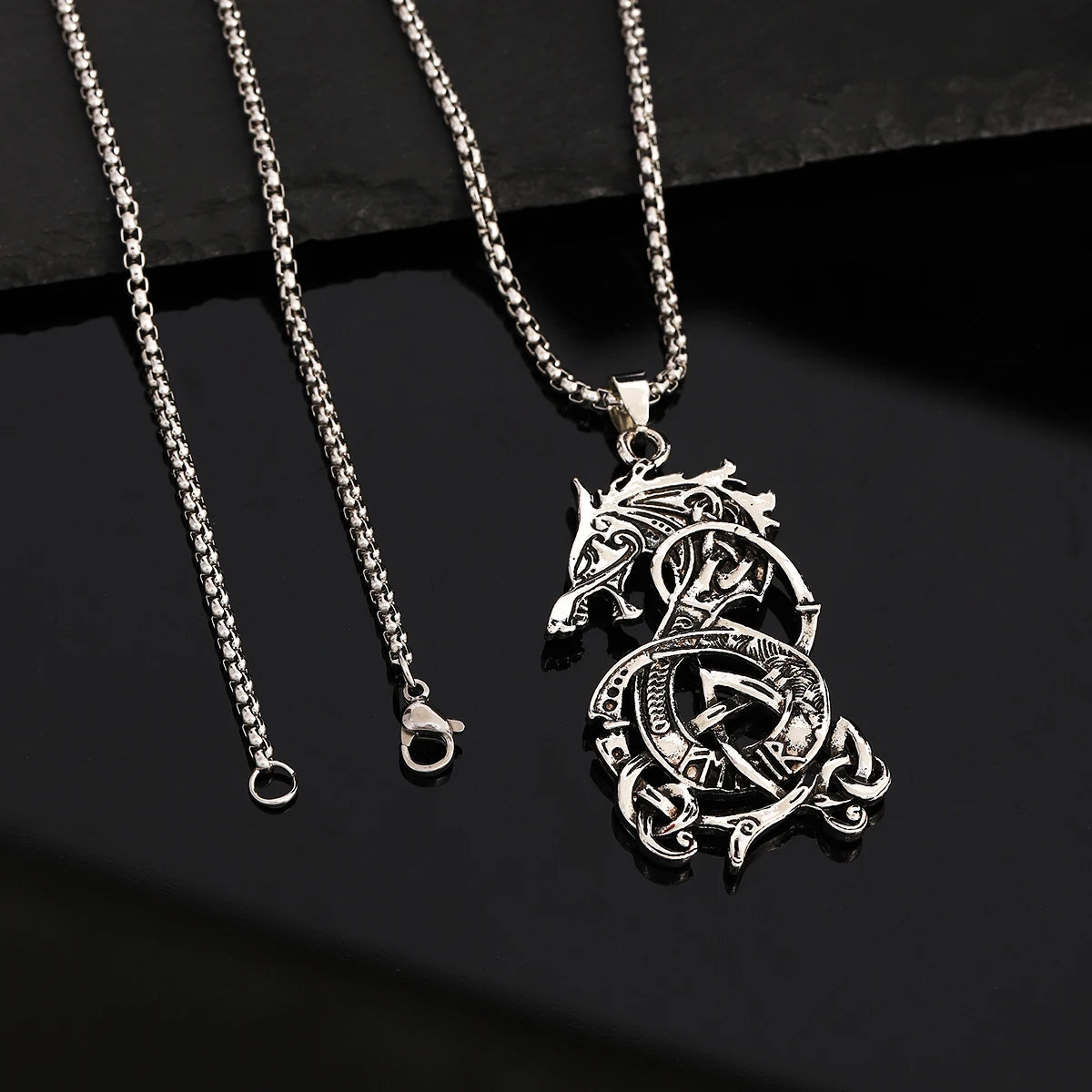 Viking Celtic Knot Dragon Pendant Necklace – Punk Style, Zinc Alloy & Stainless Steel