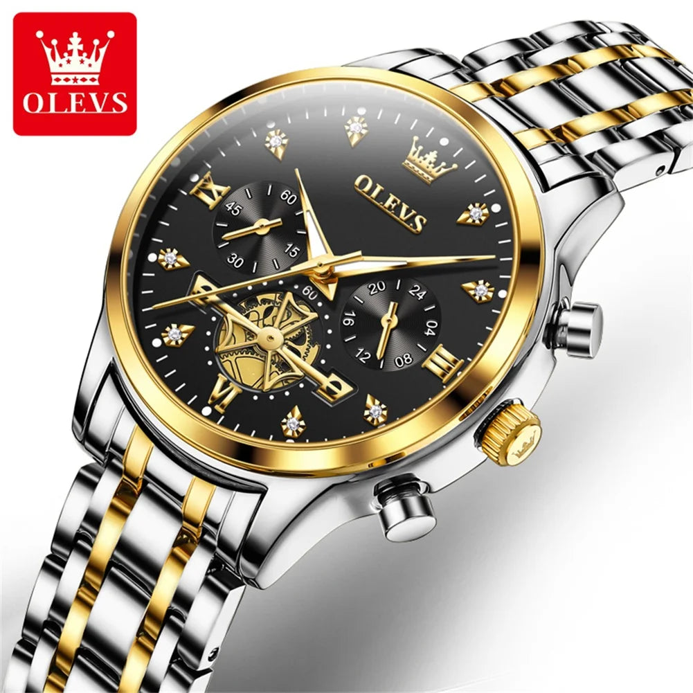 OLEVS 2859+2897 Couple Watch - Stainless Steel, Waterproof, Chronograph, Moon Phase, Flywheel