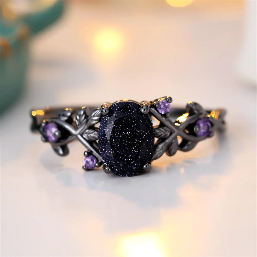 Oval Zircon Vintage Ring for Women – Black Blue