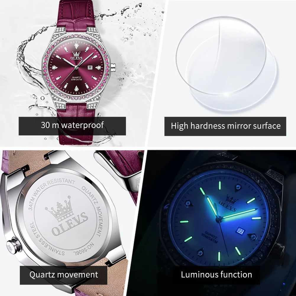 OLEVS 5606 Women’s Quartz Watch with Leather Strap and Luminous Hands
