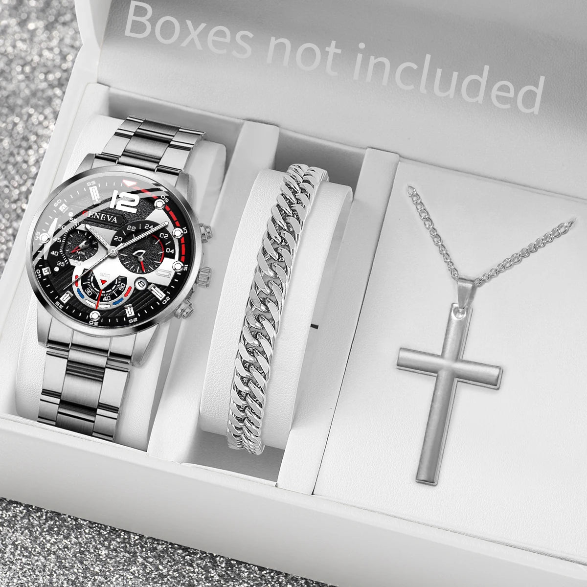 yolako 3pcs Men's Quartz Watch, Necklace & Bracelet Set - Stainless Steel, Numberless Dial, 42mm