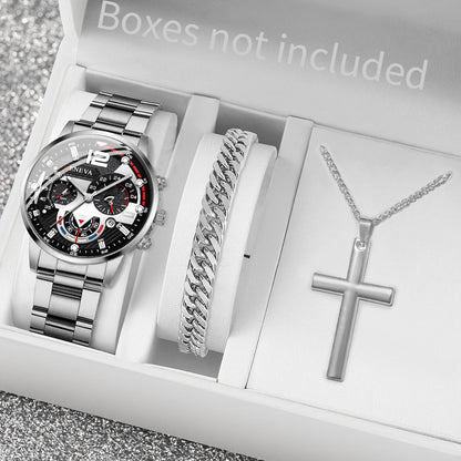 yolako 3pcs Men's Quartz Watch, Necklace & Bracelet Set - Stainless Steel, Numberless Dial, 42mm