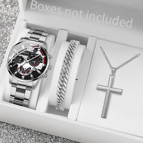 yolako 3pcs Men's Quartz Watch, Necklace & Bracelet Set - Stainless Steel, Numberless Dial, 42mm