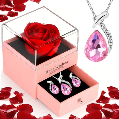 Red Rose Gift Box with Heart Stone Necklace - Gift for Mom or Wife