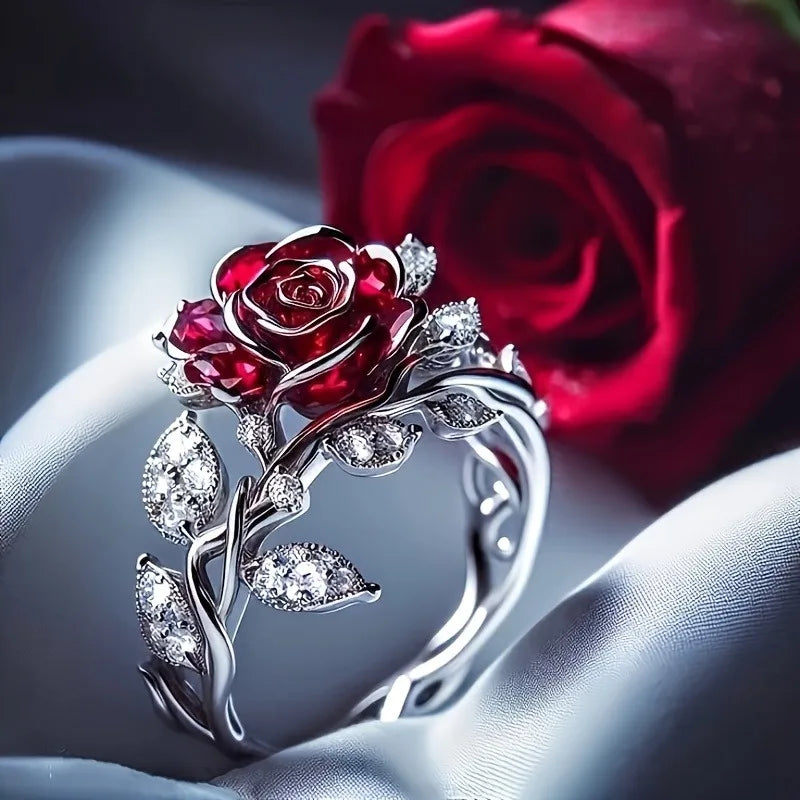 Vintage Red Rose Flower Ring - Elegant Gift Jewelry