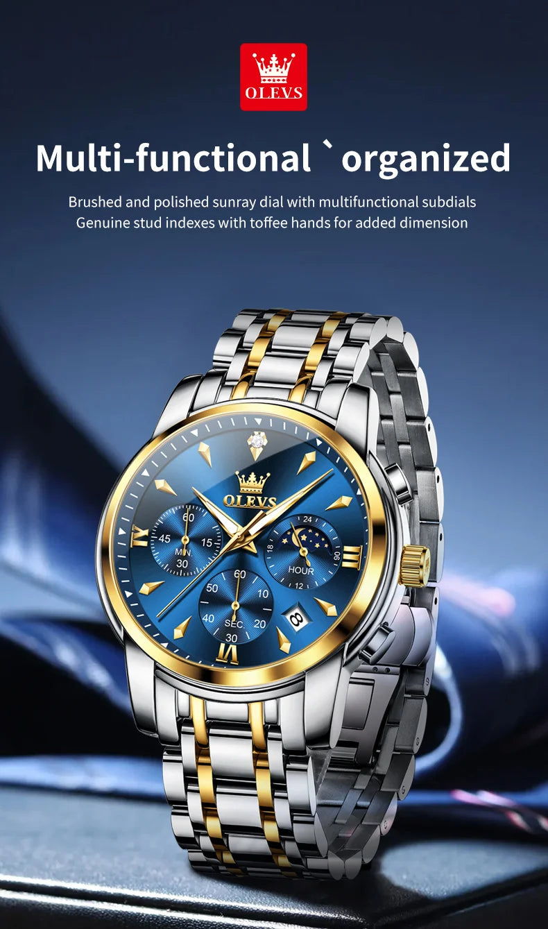 OLEVS Moon Phase Watch - Gold Blue Stainless Steel Chronograph