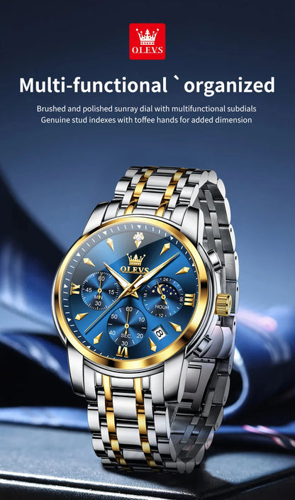 OLEVS Moon Phase Watch - Gold Blue Stainless Steel Chronograph